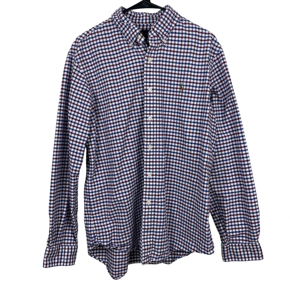 Ralph Lauren Mens Gingham Button Down Shirt Large Navy Blue Burgundy Cotton‎ L/G